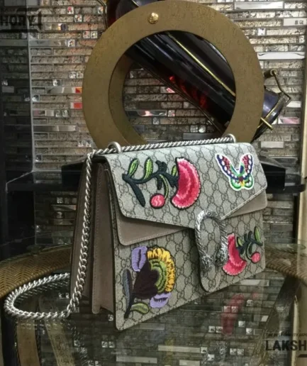 Gucci 1:1 Mirror Replica Beige Embroidered Butterfly Flowers Medium Dionysus 30CM/11.8IN Gucci Replica Dionysus Bags