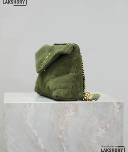 YSL 1:1 Mirror Replica Velvet Loulou Puffer Chain Satchel Green 23CM/9.1IN Replica Crossbody Bags