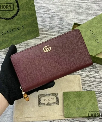 Gucci 1:1 Mirror Replica Zip Around Wallet w/ Bamboo Burgundy 19CM/7.5IN Gucci Replica Wallets