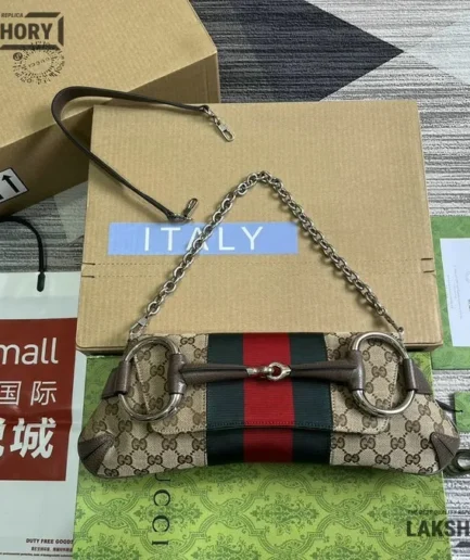 Gucci 1:1 Mirror Replica Chain Medium Grosgrain Web Small Horsebit 38CM/15IN Gucci Replica Horsebit Bags
