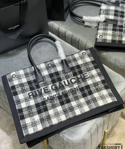 YSL 1:1 Mirror Replica Wool Tartan Rive Gauche Tote Bag 48CM/18.9IN Replica Tote Bags