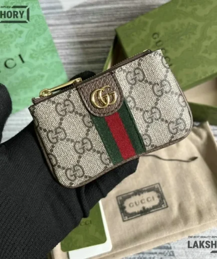Gucci 1:1 Mirror Replica GG Web Ophidia Key Pouch Beige 12CM/4.7IN Gucci Replica Wallets