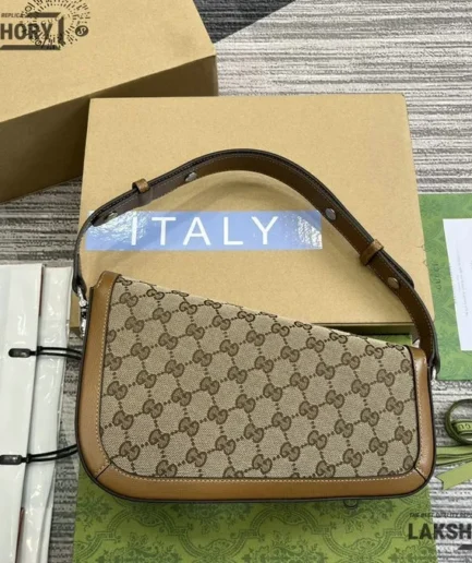 Gucci 1:1 Mirror Replica GG Horsebit 1955 Asymmetric Bag Beige Ebony Gucci Replica Horsebit Bags