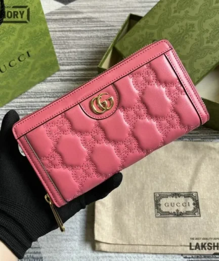 Gucci 1:1 Mirror Replica GG Matelass Zip-around Wallet Pink 19.5CM/7.7IN Gucci Replica Wallets