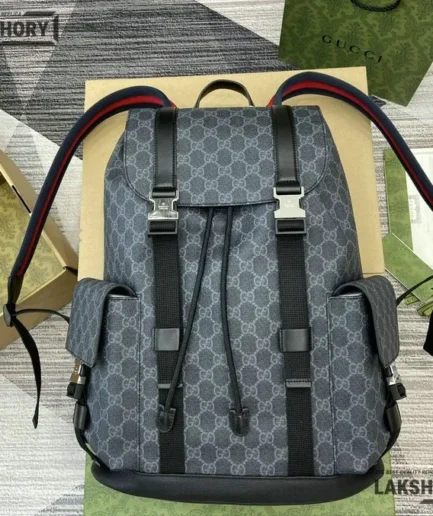 Gucci 1:1 Mirror Replica Cowhide GG Supreme Large Backpack Black 46CM/18.1IN Gucci Replica Backpacks