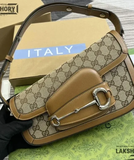 Gucci 1:1 Mirror Replica GG Horsebit 1955 Asymmetric Bag Beige Ebony Gucci Replica Horsebit Bags