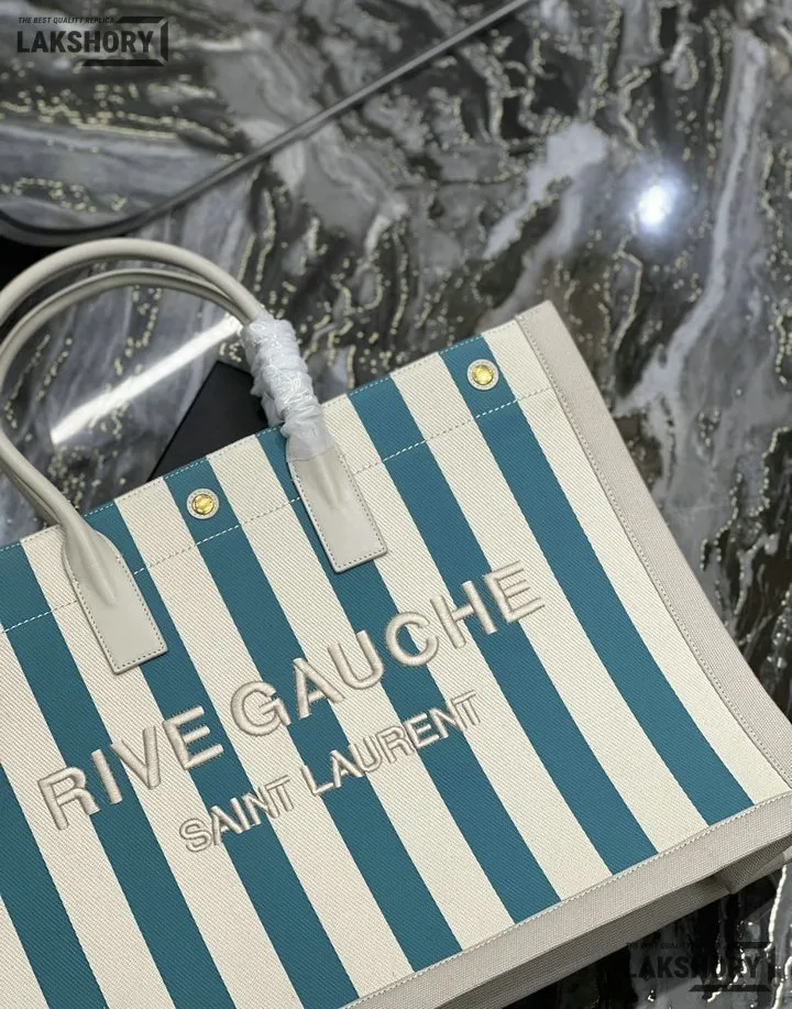 YSL 1:1 Mirror Replica Linen Striped Rive Gauche Tote Water Green 48CM/18.9IN Replica Tote Bags YSL 1:1 Mirror Replica Linen Striped Rive Gauche Tote Water Green 48CM/18.9IN Replica Tote Bags