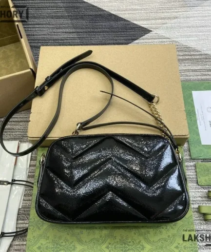 Gucci 1:1 Mirror Replica Patent Leather GG Marmont Black 24CM/9.4IN Gucci Replica Marmont Bags