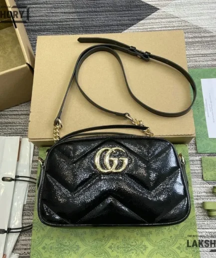 Gucci 1:1 Mirror Replica Patent Leather GG Marmont Black 24CM/9.4IN Gucci Replica Marmont Bags