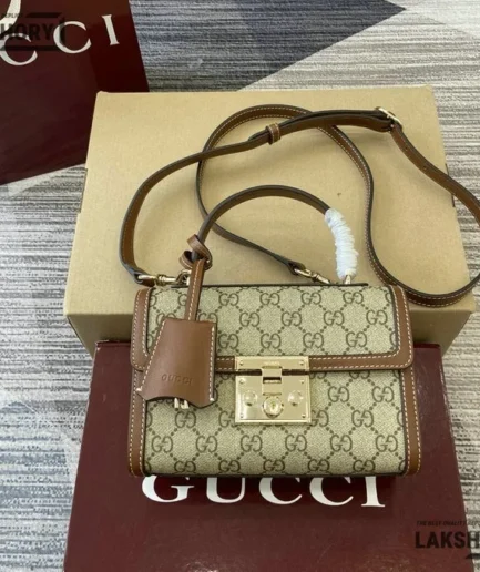 Gucci 1:1 Mirror Replica Padlock Small Beige & Brown Top Handle 20CM/7.9IN Gucci Replica Padlock Bags