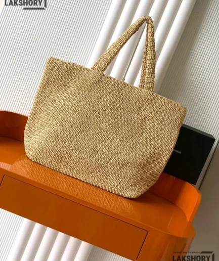 YSL 1:1 Mirror Replica Raffia Blend Logo Tote Bag Beige 43CM/16.9IN Replica Tote Bags
