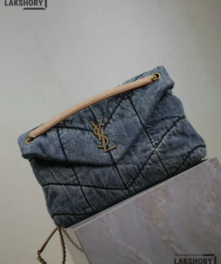 YSL 1:1 Mirror Replica Loulou Puffer Shoulder Bag Denim Blue 35CM/13.8IN Replica Crossbody Bags