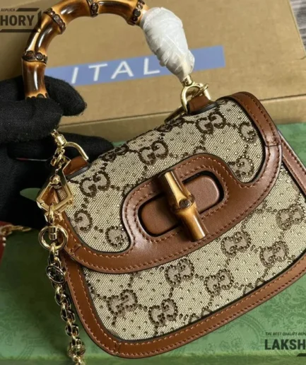 Gucci 1:1 Mirror Replica Bamboo 1947 Crystals Mini Bag Beige Brown 17CM/6.7IN Gucci Replica Bamboo Bags