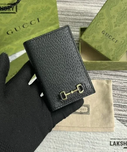 Gucci 1:1 Mirror Replica Horsebit Card Holder Calfskin Black 7CM/2.8IN Gucci Replica Wallets