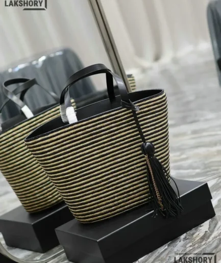 YSL 1:1 Mirror Replica Panier Striped Tote Bag Black Beige 30CM/11.8IN Replica Tote Bags