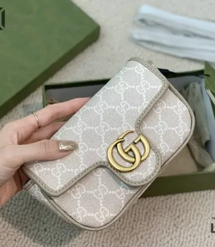 Gucci 1:1 Mirror Replica Monogram Mini GG Marmont Beige 16.5CM/6.5IN Gucci Replica Marmont Bags