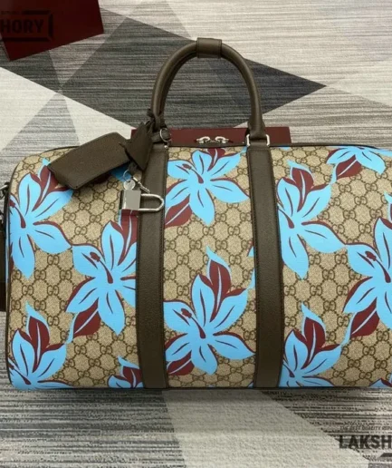 Gucci 1:1 Mirror Replica GG Printed Flowers Duffle Bag Beige 45CM/17.7IN Gucci Replica Ophidia Bags