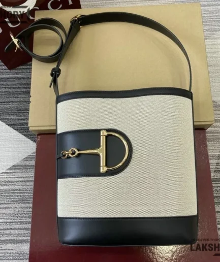 Gucci 1:1 Mirror Replica 73 Medium Bucket Bag Leather Black Grey 27.5CM/10.8IN Gucci Replica Horsebit Bags