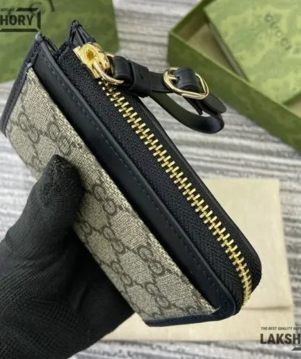 Gucci 1:1 Mirror Replica GG Emblem Zip Card Case Beige Black 13CM/5.1IN Gucci Replica Wallets