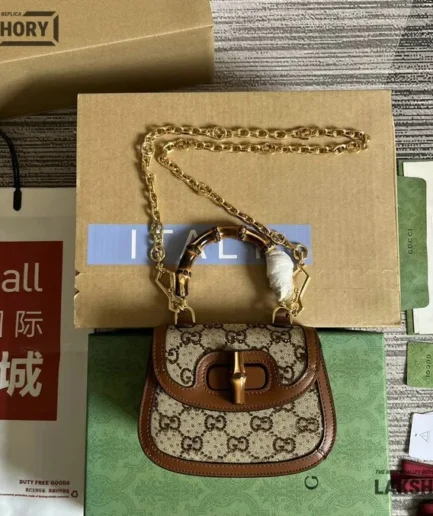 Gucci 1:1 Mirror Replica Bamboo 1947 Crystals Mini Bag Beige Brown 17CM/6.7IN Gucci Replica Bamboo Bags