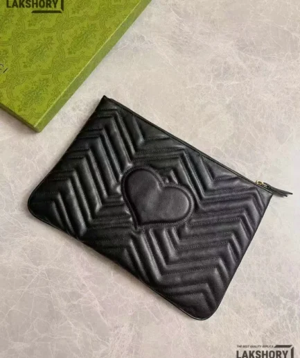 Gucci 1:1 Mirror Replica Azalea Heart GG Marmont Zip Pouch Black 29CM/11.4IN Gucci Replica Wallets