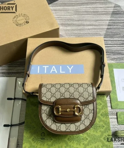 Gucci 1:1 Mirror Replica GG Mini Horsebit 1955 Rounded Beige Brown 18CM/7.1IN Gucci Replica Horsebit Bags