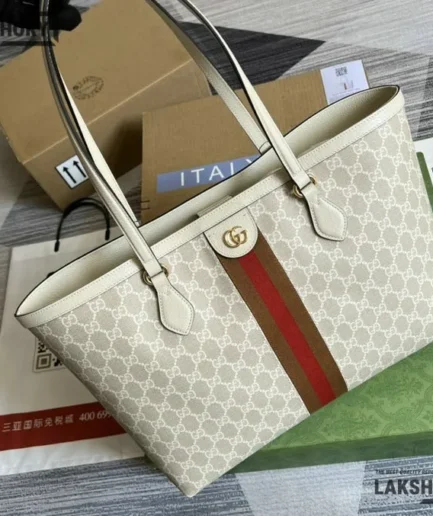 Gucci 1:1 Mirror Replica Off-White Beige Large Tote GG Supreme 38CM/15IN Gucci Replica Ophidia Bags