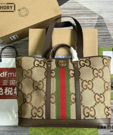 Gucci 1:1 Mirror Replica Jumbo GG Medium Ophidia Tote Camel Ebony 40CM/15.7IN Gucci Replica Ophidia Bags