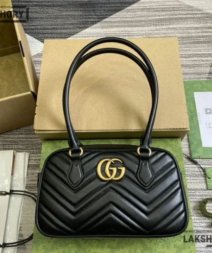 Gucci 1:1 Mirror Replica Medium GG Marmont Black White 25.5CM/10IN Gucci Replica Marmont Bags