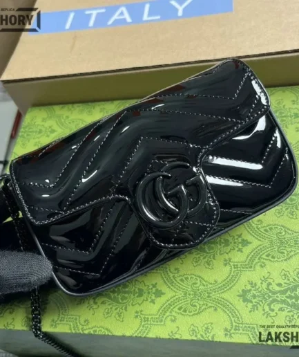 Gucci 1:1 Mirror Replica GG Super Mini Marmont Patent Bag Black 16.5CM/6.5IN Gucci Replica Marmont Bags