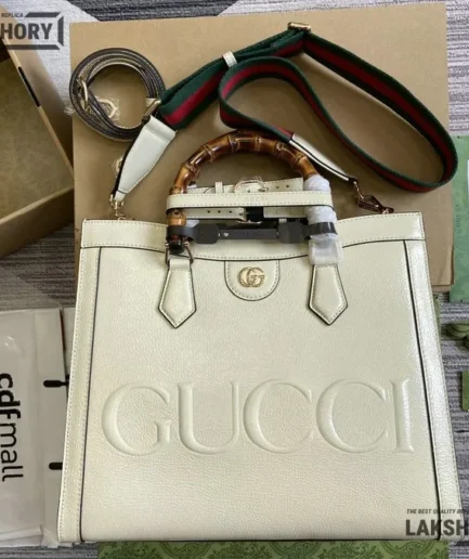 Gucci 1:1 Mirror Replica Diana Bamboo Large Tote Bag White 35CM/13.8IN Gucci Replica Bamboo Bags