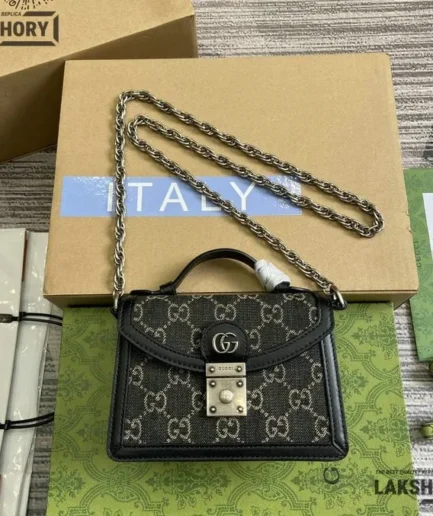 Gucci 1:1 Mirror Replica Black Denim Ophidia GG Mini Top Handle 17.5CM/6.9IN Gucci Replica Ophidia Bags