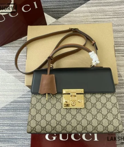 Gucci 1:1 Mirror Replica GG Small Padlock Top Handle Beige Black 28CM/11IN Gucci Replica Padlock Bags