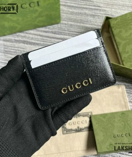 Gucci 1:1 Mirror Replica Calfskin Card Case with Gucci Script 7CM/2.8IN Gucci Replica Wallets