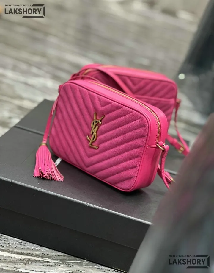 YSL 1:1 Mirror Replica Suede Matelasse Lou Camera Bag Rose 23CM/9.1IN Replica Crossbody Bags YSL 1:1 Mirror Replica Suede Matelasse Lou Camera Bag Rose 23CM/9.1IN Replica Crossbody Bags