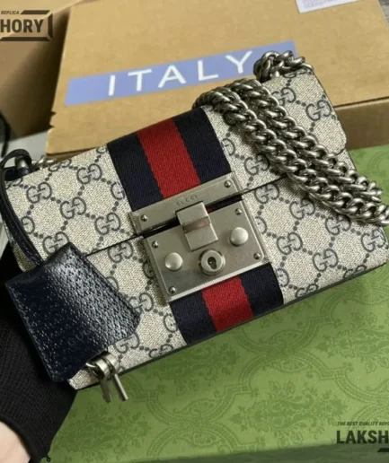 Gucci 1:1 Mirror Replica GG Supreme Small Padlock Beige Blue 20CM/7.9IN Gucci Replica Padlock Bags