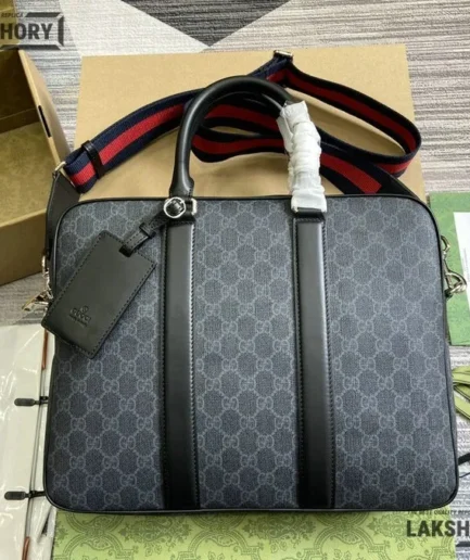Gucci 1:1 Mirror Replica GG Supreme Appia Web Briefcase Black 33CM/13IN Gucci Replica Ophidia Bags