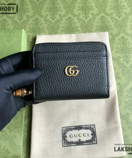 Gucci 1:1 Mirror Replica GG Zip Card Case w/ Bamboo Black 11.5CM/4.5IN Gucci Replica Wallets