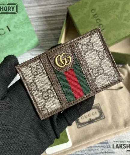 Gucci 1:1 Mirror Replica GG Ophidia Card Holder Brown 7CM/2.8IN Gucci Replica Wallets