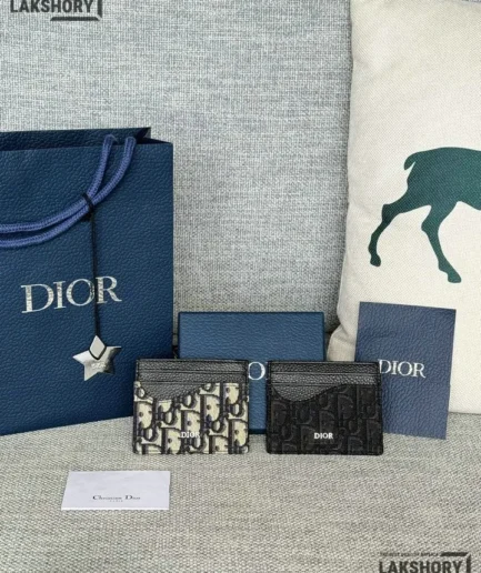 Dior 1:1 Mirror Replica Saddle Card Holder Calfskin Marquetry Oblique Jacquard Christian Dior Replica Wallets