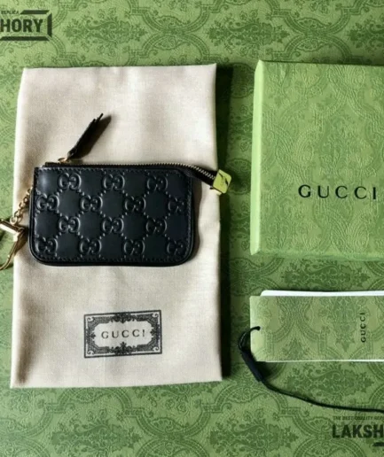 Gucci 1:1 Mirror Replica Guccissima Key Case Pouch Black 12CM/4.7IN Gucci Replica Wallets