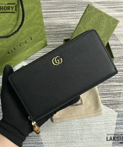 Gucci 1:1 Mirror Replica Bamboo Zip Around Wallet Black 19CM/7.5IN Gucci Replica Wallets