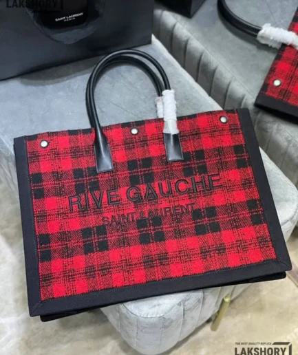 YSL 1:1 Mirror Replica Wool Tartan Rive Gauche Tote Bag 48CM/18.9IN Replica Tote Bags