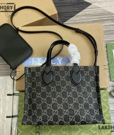 Gucci 1:1 Mirror Replica Ophidia Medium Tote Black Ggdenim Leather Gucci Replica Ophidia Bags