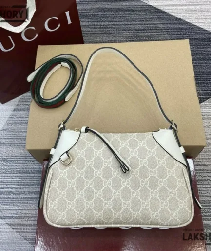 Gucci 1:1 Mirror Replica GG Emblem Small Shoulder Bag Beige White 24.5CM/9.6IN Gucci Replica Ophidia Bags
