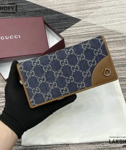 Gucci 1:1 Mirror Replica GG Emblem Continental Wallet Blue Brown 11CM/4.3IN Gucci Replica Wallets