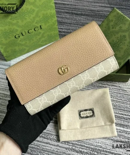 Gucci 1:1 Mirror Replica Bi-color Continental Wallet Dusty Pink 19CM/7.5IN Gucci Replica Wallets