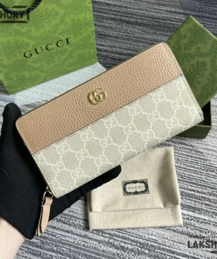 Gucci 1:1 Mirror Replica Bi-color Zip Around Wallet Beige & White 19CM/7.5IN Gucci Replica Wallets
