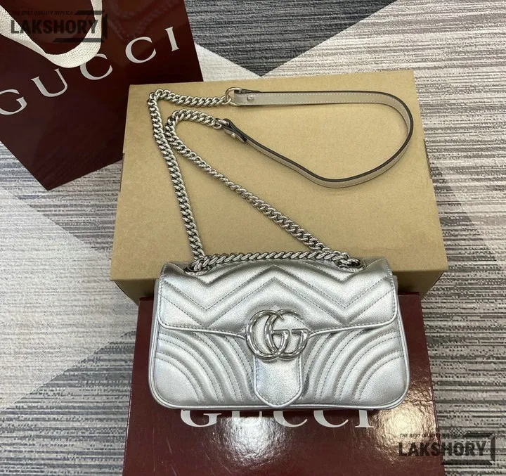 Gucci 1:1 Mirror Replica Matelasse Mini GG Marmont Silver 22CM/8.7IN Gucci Replica Marmont Bags Gucci 1:1 Mirror Replica Matelasse Mini GG Marmont Silver 22CM/8.7IN Gucci Replica Marmont Bags