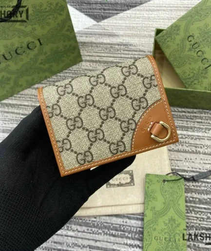 Gucci 1:1 Mirror Replica GG Supreme Emblem Mini Wallet Beige Brown 11CM/4.3IN Gucci Replica Wallets